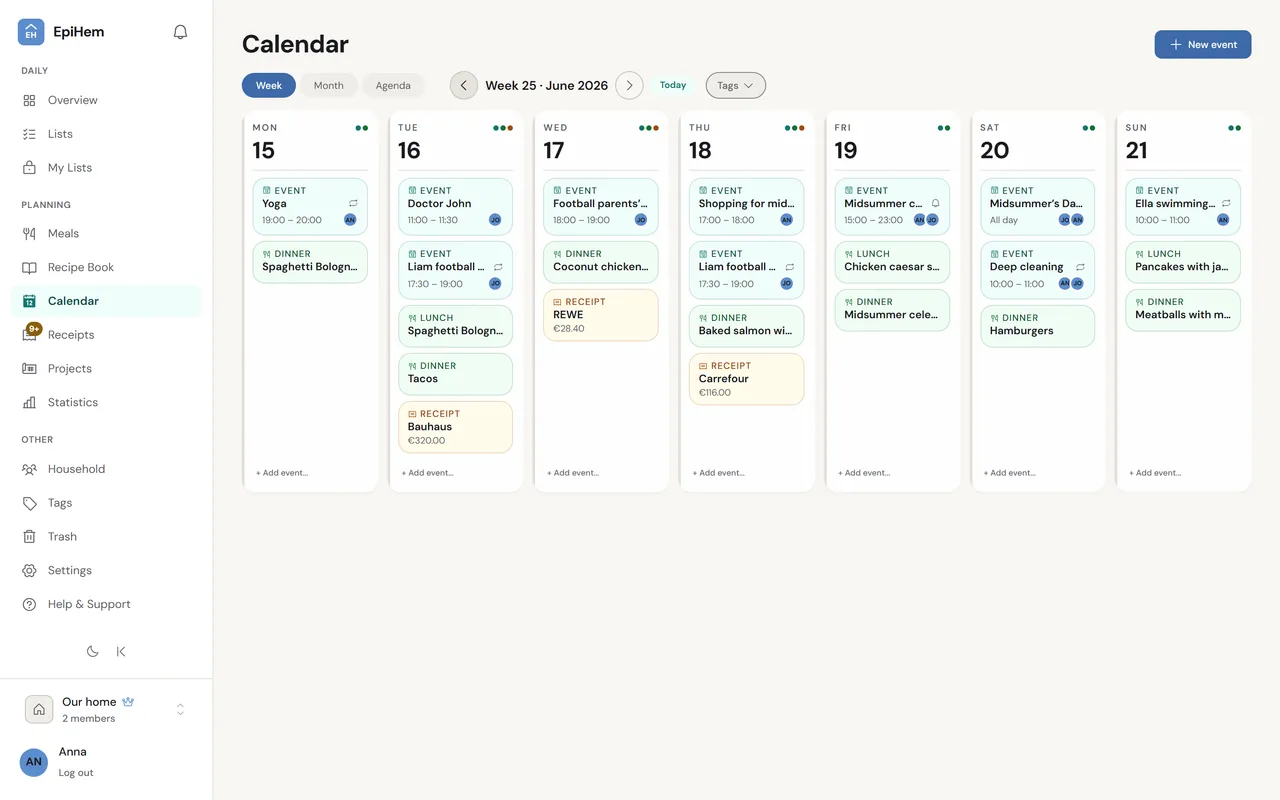 The calendar in week view on the web, week 25, June 2026, with all seven days: events with times and avatars for who they concern, lunch and dinner cards, and receipt cards for Bauhaus, REWE and Carrefour.