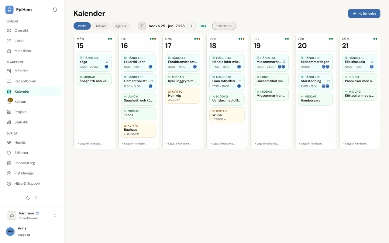 Kalendern i veckovy på webben, vecka 25 juni 2026, med alla sju dagar: händelser med tider och avatarer för vem de gäller, lunch- och middagskort, och kvittokort för Bauhaus, Hemköp och Willys.