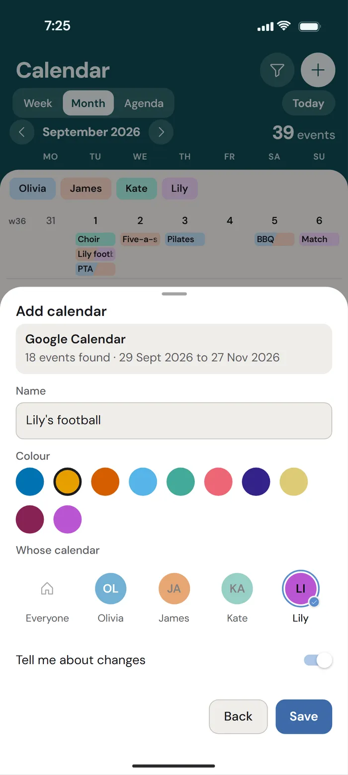 Add calendar in EpiHem on the phone, over the month view: Google Calendar and the line 18 events found, 29 Sept 2026 to 27 Nov 2026, the name Lily's football, amber picked among the colours, Lily picked under Whose calendar, Tell me about changes switched on, and the Back and Save buttons.
