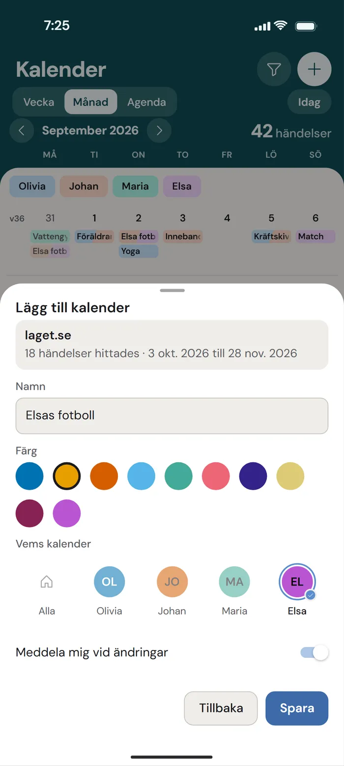 Lägg till kalender i EpiHem på mobilen, ovanpå månadsvyn: laget.se och raden 18 händelser hittades, 3 okt. 2026 till 28 nov. 2026, namnet Elsas fotboll, bärnsten vald bland färgerna, Elsa vald under Vems kalender, Meddela mig vid ändringar påslaget, och knapparna Tillbaka och Spara.