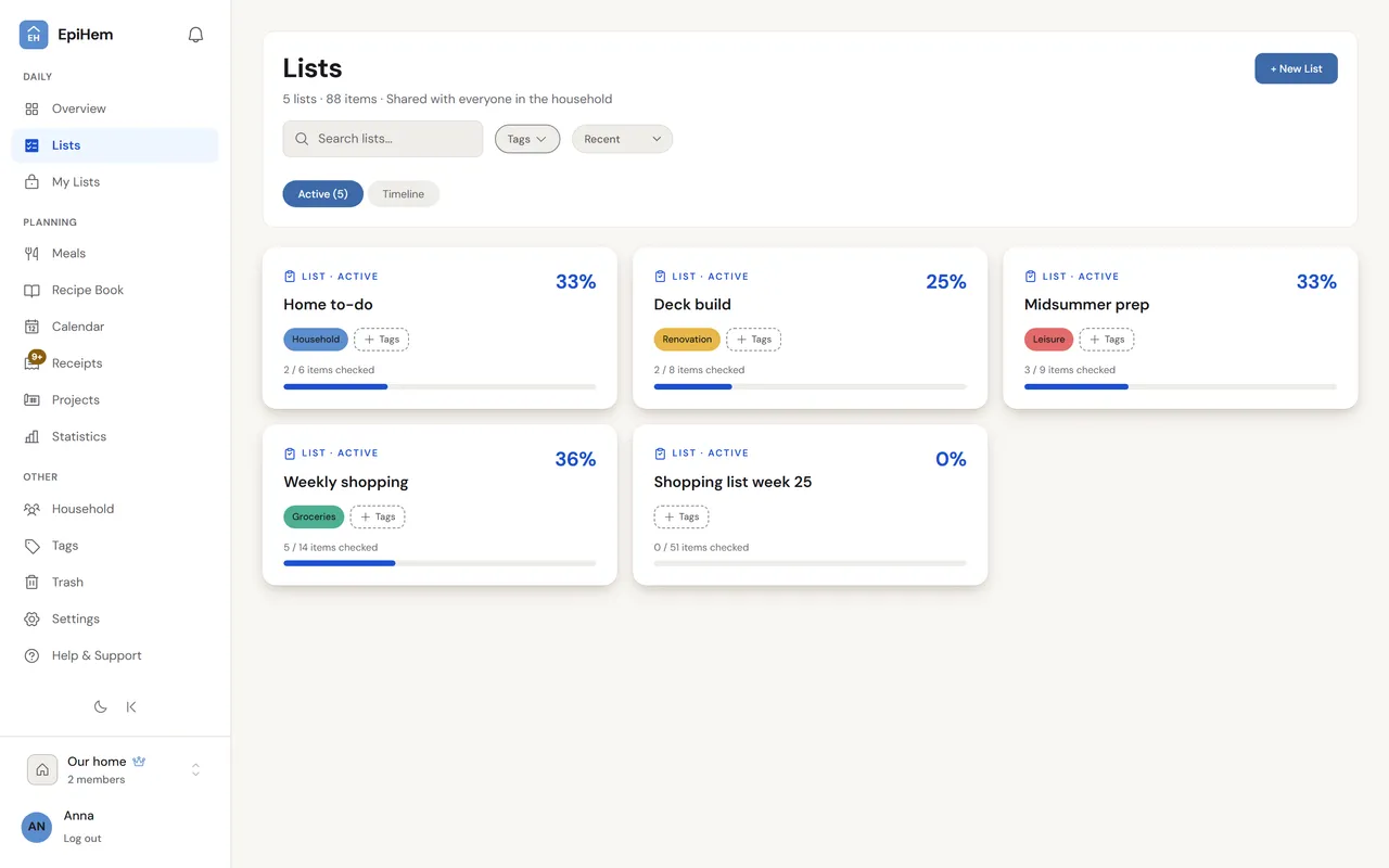 The lists view in EpiHem on the web with five shared lists, among them Weekly shopping and the meal-plan-generated Shopping list week 25, with tags and check-off progress, marked Shared with everyone in the household.