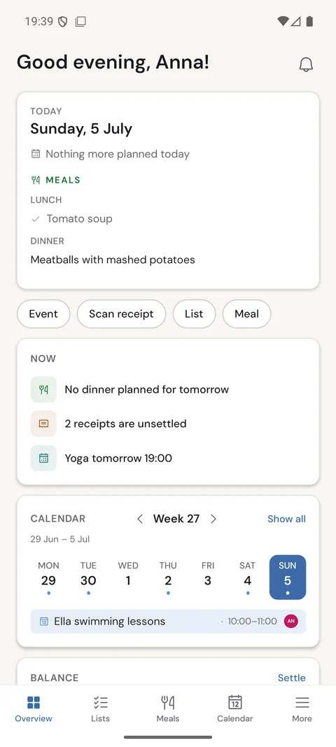 The EpiHem app overview on a phone showing today's meals, the Now reminders and the week's calendar.