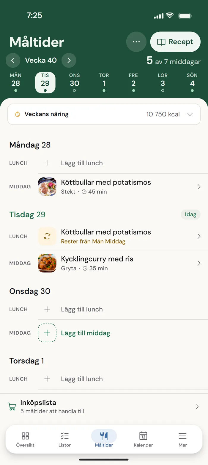 Veckomenyn i EpiHem, vecka 40, fem av sju middagar planerade: köttbullar med potatismos på måndagen och kycklingcurry med ris på tisdagen. Längst ner raden Inköpslista, 5 måltider att handla till.