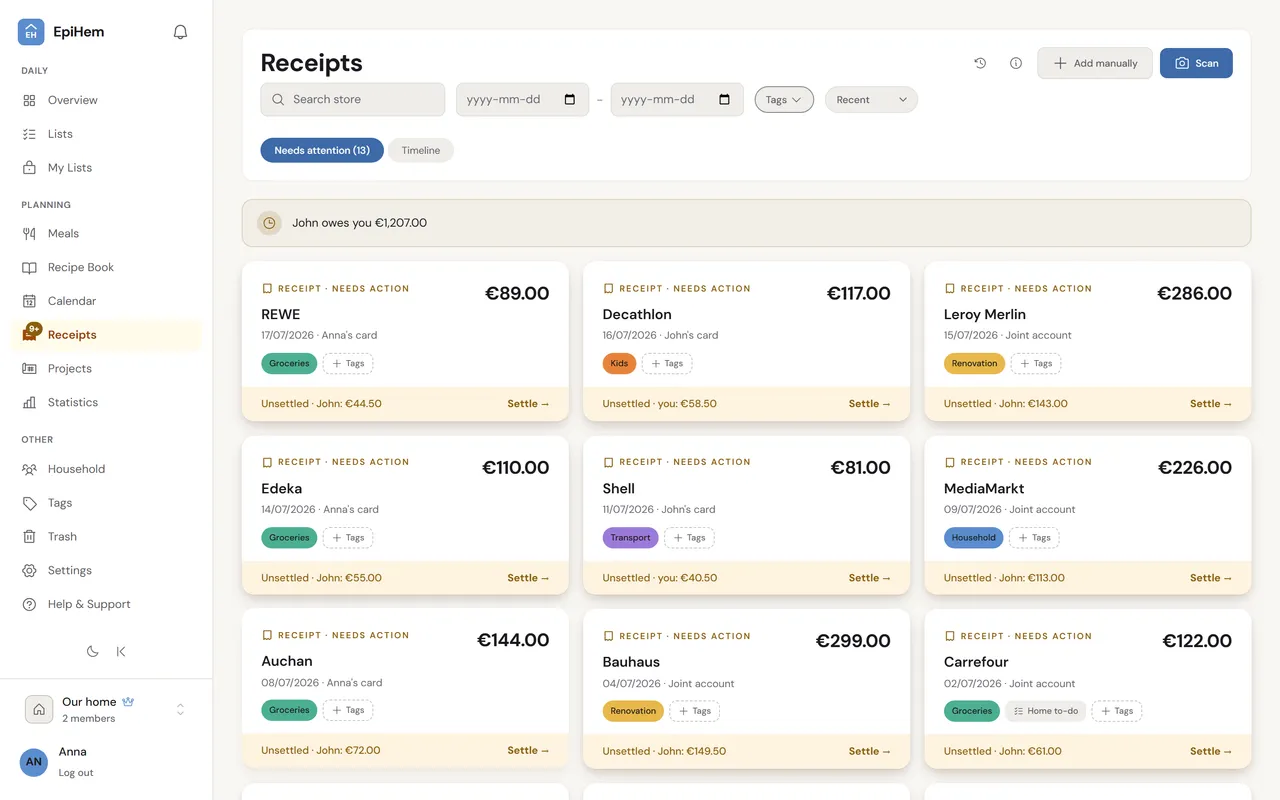 The receipts view in EpiHem with nine scanned receipts showing their amounts, dates and tags, and a Carrefour receipt linked to the Home to-do list.
