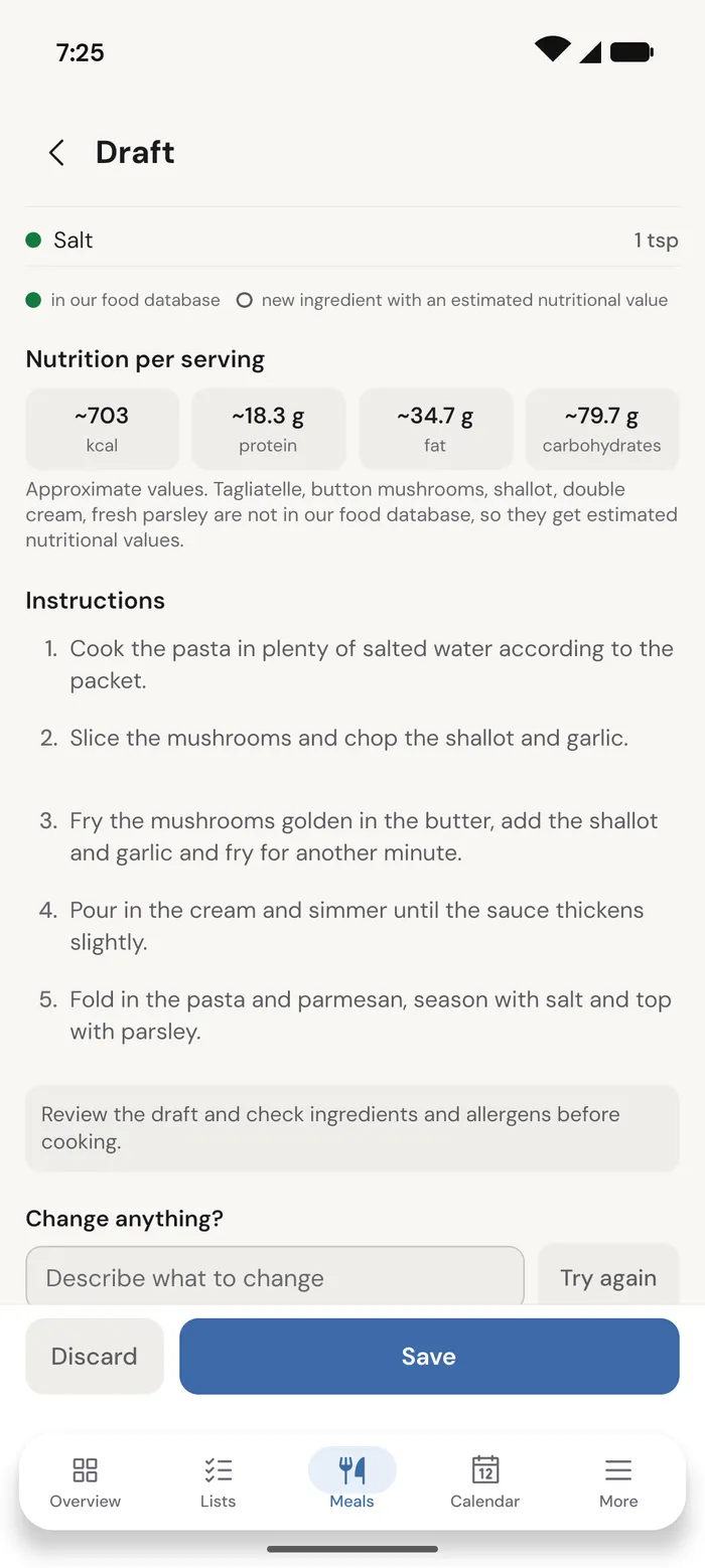 A recipe draft in EpiHem with its ingredients, nutrition per serving and step-by-step instructions.