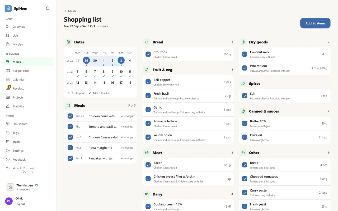 The shopping list EpiHem builds from the week's meal plan on the web: five meals from Tuesday 29 September to Saturday 3 October, and their ingredients grouped under Bread, Fruit & veg, Meat and Dry goods with amounts.