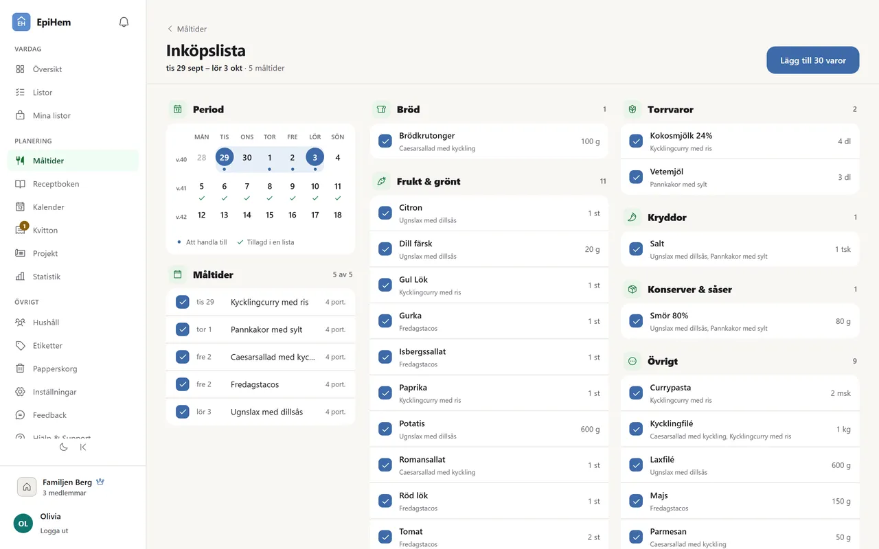 Inköpslistan som EpiHem bygger av veckans meny på webben: fem måltider från tisdag 29 september till lördag 3 oktober, och ingredienserna sorterade under Bröd, Frukt & grönt och Torrvaror med mängder.