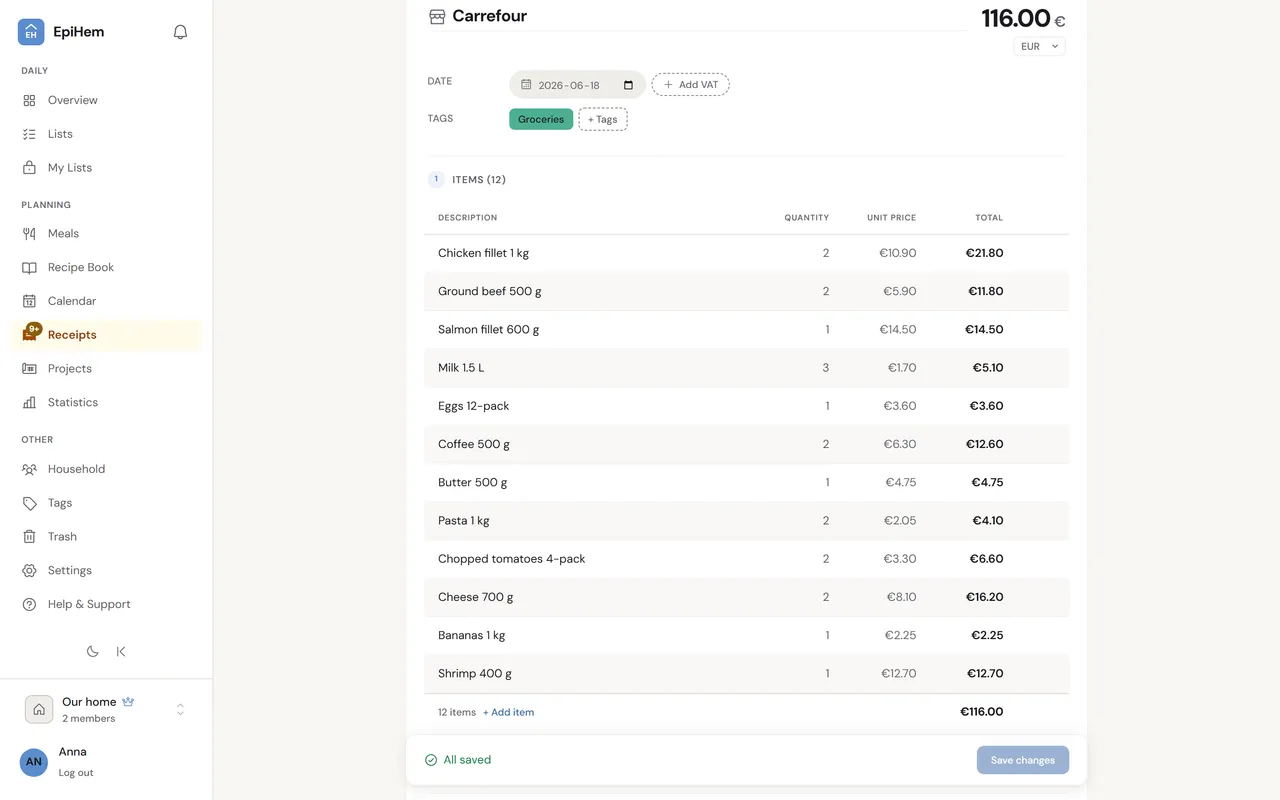 A scanned Carrefour receipt in EpiHem with store, date and tag at the top, and every product line split into description, quantity, unit price and total.
