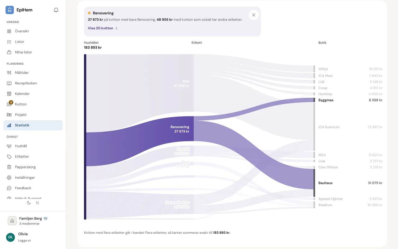 Kartan i Utgifter på webben, de senaste tolv månaderna: etiketterna i mitten och butikerna till höger, förbundna med band, och bandet Renovering lyft mot Bauhaus med 37 673 kr på raden ovanför.